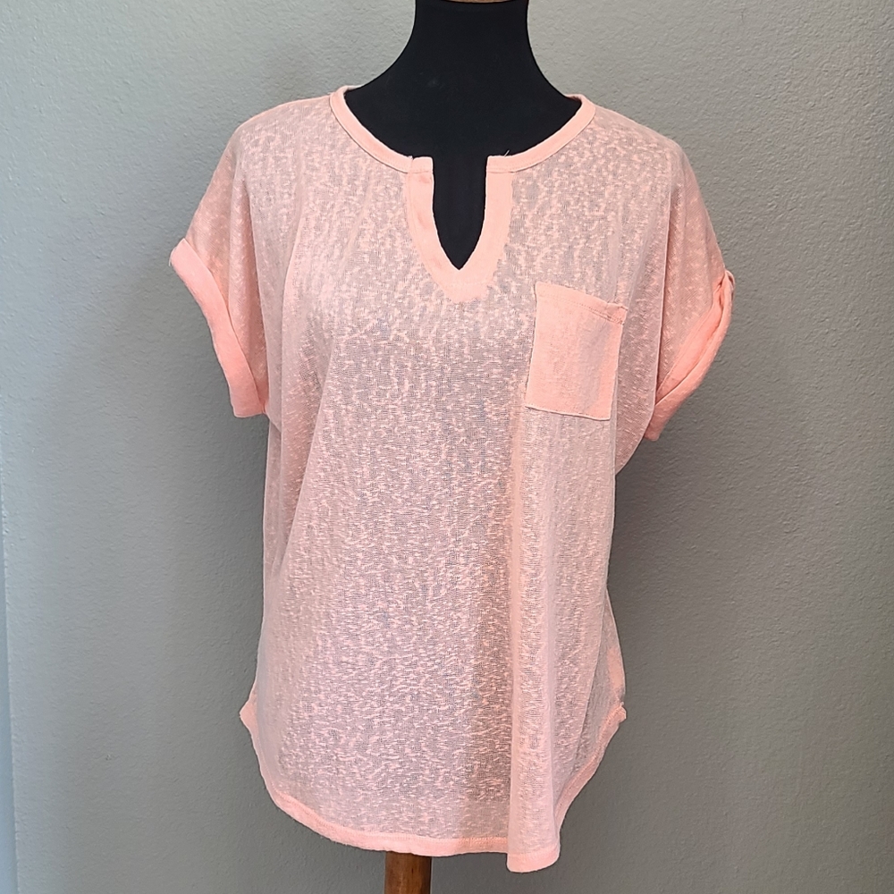 DEPT 222 Coral Short Sleeve Pocket Shirt Blouse Semi See Thru